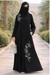 Premium Nida Fabric Front Open Abaya with Hand Work Embroidery – High Neck Modest Wear