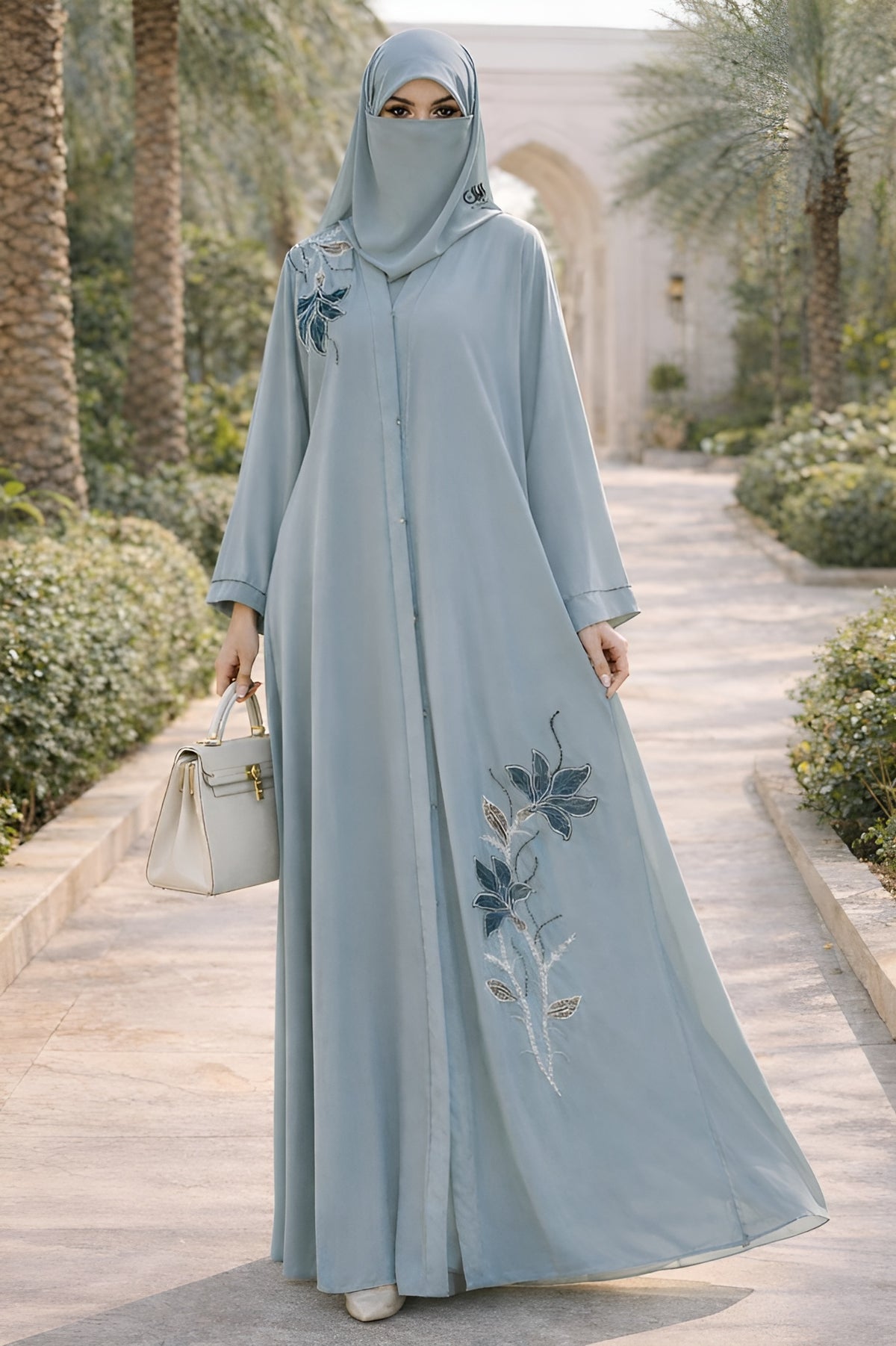 Premium Nida Fabric Front Open Abaya with Hand Work Embroidery – High Neck Modest Wear