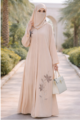 Premium Nida Fabric Front Open Abaya with Hand Work Embroidery – High Neck Modest Wear
